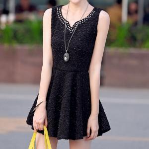 Embellished Bodycon Black Pleated Skater Tank..