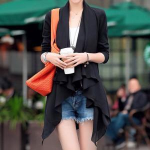 Black White Long Open Front Jacket Coat With..