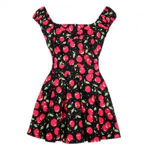 Cherry Print High Waisted Pleated Off Shoulder..