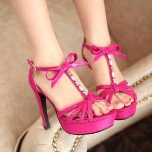 Rose Red Bowknot Cage Open Toe High Stiletto Heel..