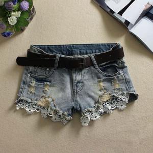 Floral Lace Rivets Distressed Pants Denim Shorts..