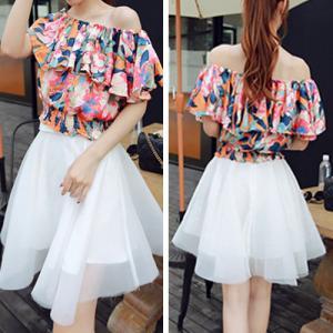 Sexy Floral Print Off-the-shoulder Falbala Collar..