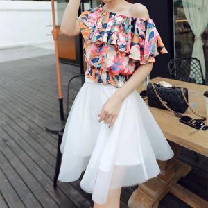 Sexy Floral Print Off-the-shoulder Falbala Collar..
