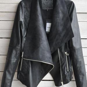 Fashion Slim Fit Double Lapel Chic Pu Leather Coat..