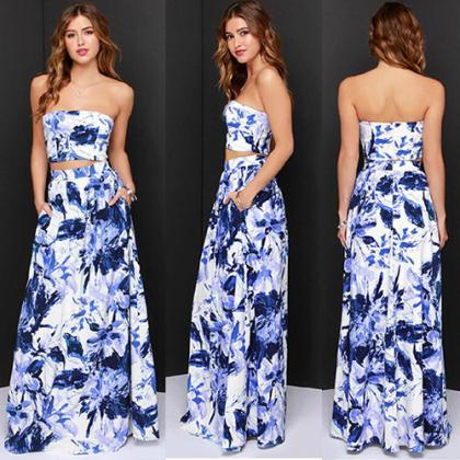 Sexy Strapless Hollow Out Floor-length Ink Print..