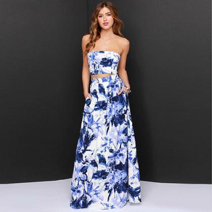 Sexy Strapless Hollow Out Floor-length Ink Print..