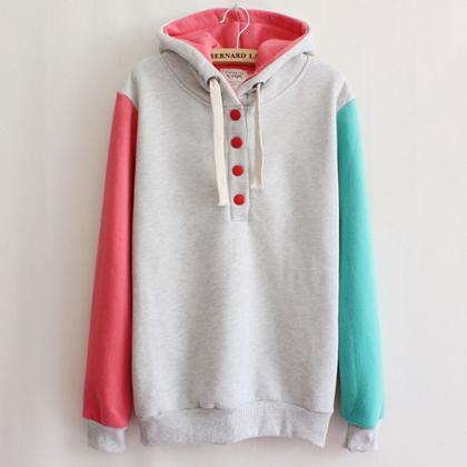 Fashion Contrast Color Long Sleeve Hooded..