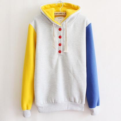 Fashion Contrast Color Long Sleeve Hooded..