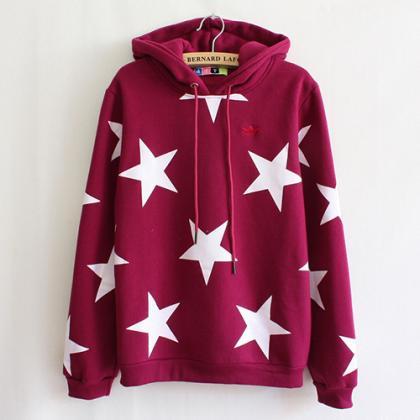 Fashion Stars Pattern Long Sleeve Hooded Casual..