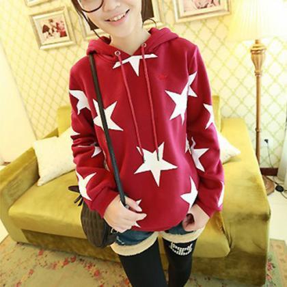 Fashion Stars Pattern Long Sleeve Hooded Casual..
