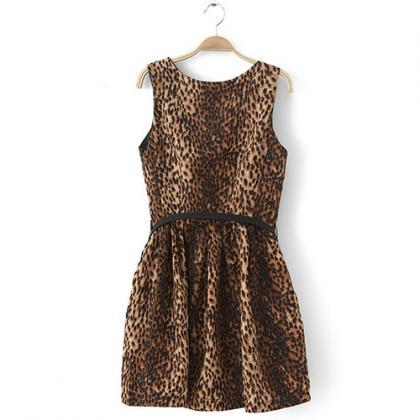 Fashion Sleeveless Round Neck Leopard Dress With Waistband ...