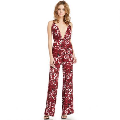 Sexy Backless Deep V-neck Floral Print Sling Jumpsuits [gyxh0702] on Luulla