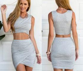 Sexy Solid Color Crop Tops + Bust Skirt Two-piece Set [gyxh0668] on Luulla