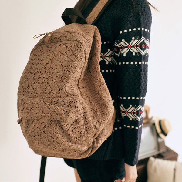 Sweet Lace Spliced Brown Canvas Backpack [grxjy520073]