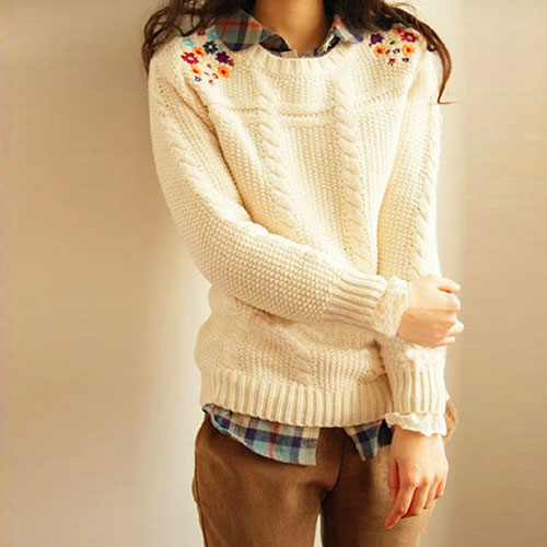 Cute Fresh Floral Embroidered Knit Sweater [grxjy560437]
