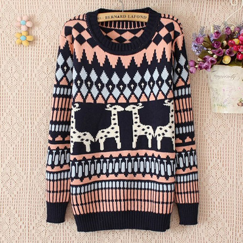 Geometric Pattern Mixed Colors Christmas Reindeer Knitted Sweater Crewneck Pullover [grxjy560749]