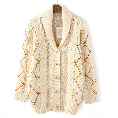 Mixed Color Chunky Knit Patterned Sweater Warm Cardigan Coat ...