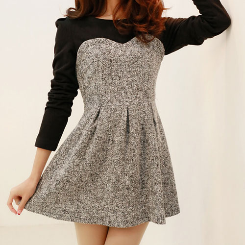 Elegant Sweet Contrast Color Long Sleeve Tweed Dress [grxjy560827]