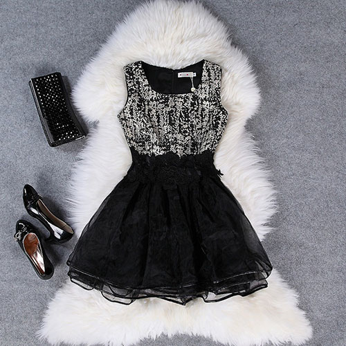 Black Crochet Lace Sleeveless Tank Dress Layered Bubble Skirt ...