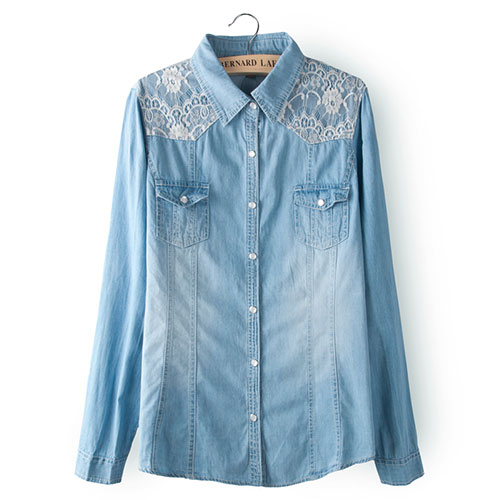 Light Blue Lace Denim Shirt With Button Chest Pockets [grxjy560887] on ...
