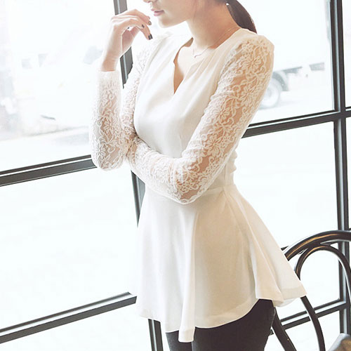 V Neck White Black Lace Chiffon Shirt Mini Dress Ruffled Skirt [grxjy560914]