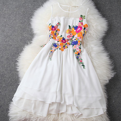 Colorful Flower Embrodiery See Through Tank Top Chiffon Dress [grxjy560965]