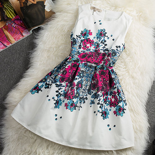 Vintage Charming Contrast Color Floral Print Sleeveless A-lined Dress [grxjy560970]