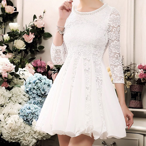 Feminine Charming Floral Embroidered Lace Shirred Bubble Dress ...