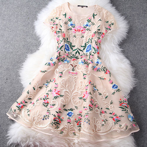 Mixed Color Flower Embroidery Cap Sleeve Bodycon Skater Dress [grxjy560985]