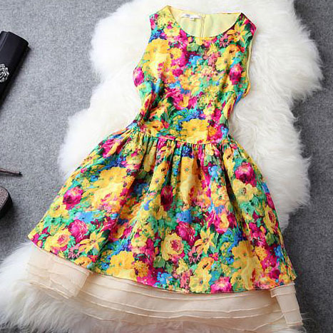 Bright Colors Flowers Print Bodycon Tank Dress Flared Skirt ...