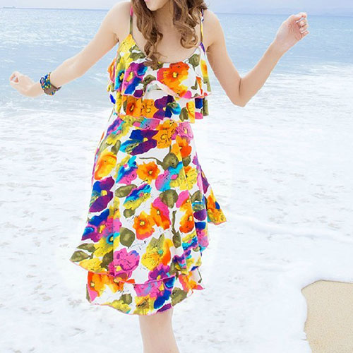 Bohemia Floral Print Flounce Beach Spaghetti Strap Slip Dress [grxjy561028]