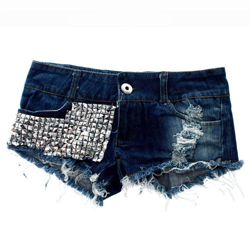 Blue Studded Rivets Destroyed Denim Cutoffs Short Jeans Shorts
