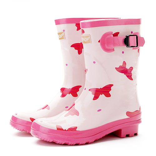 Pink Butterfly Mid Calf Rain Boot Mid Block Heel Galoshes [grxjy5190430 ...