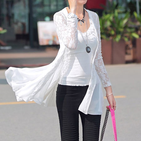 White Lace Flowers Pleated Open Front Tunic Jacket Coat [grxjy561135 ...