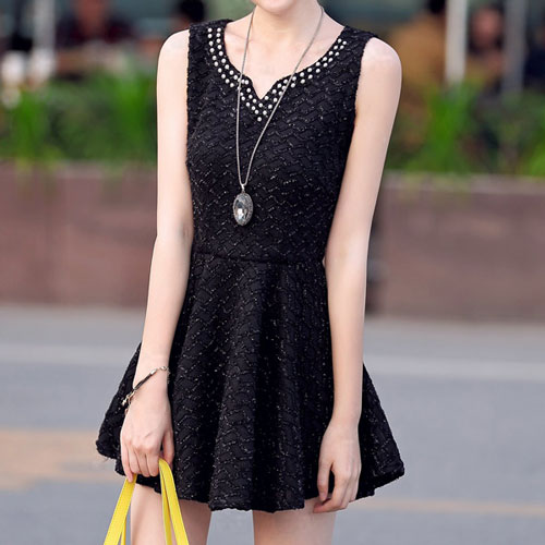 Embellished Bodycon Black Pleated Skater Tank Dress Sundress [grxjy561143]