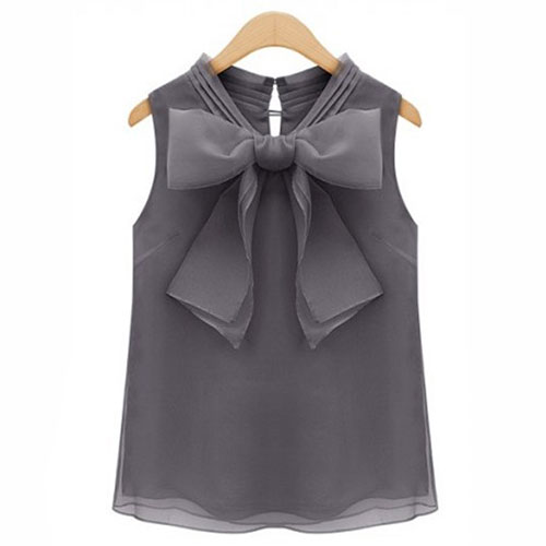 Solid Color Bowknot Button Pleated Tank Top Blouse [grxjy561222] on Luulla