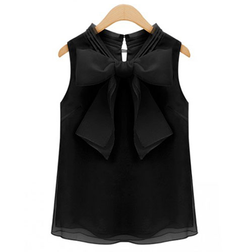 Solid Color Bowknot Button Pleated Tank Top Blouse [grxjy561222] on Luulla