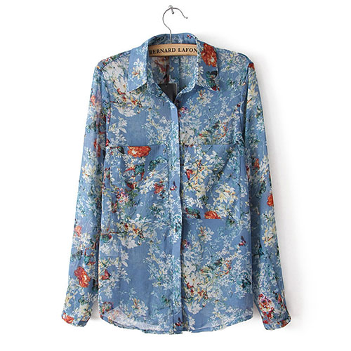 Long Sleeve Sheer Floral Print Button Down Shirt Top [grxjy561261] on ...