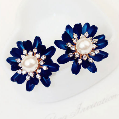 Elegant Ladies Blue Flower Rhinestone Pearl Stud Earring [grxjy5300198]