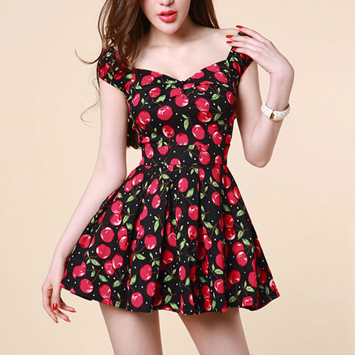 Cherry Print High Waisted Pleated Off Shoulder Mini Skater Dress [grxjy561344]