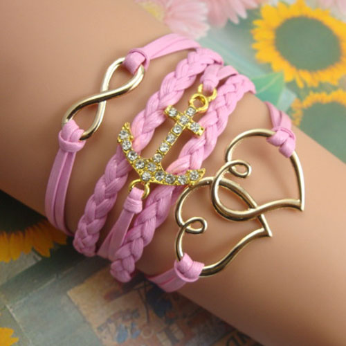 Anchor Double Heart Pendant Pink String Charm Bracelet [grxjy5120197]