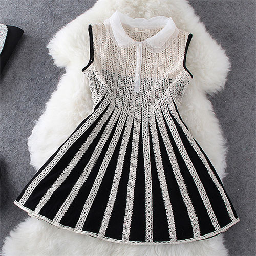 Black And White Laced Stripe Button Front Tank Dress [grxjy561577]