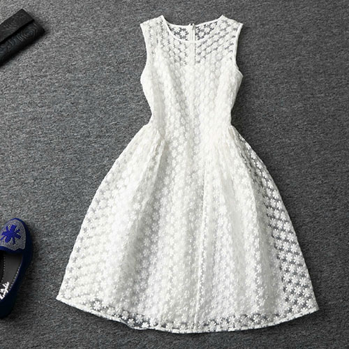 White Floral Embroidery High Waist Flare Tank Dress [grxjy561584]