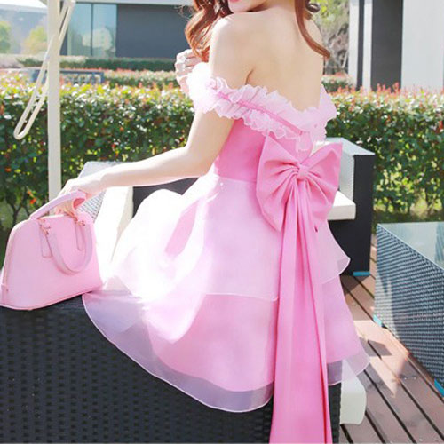 Sweet Style Off-the-shoulder Backside Bowknot Gathered Waistline Dress [grxjy561654]