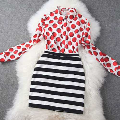 Longsleeved Red Dot Shirt Strip Package Hip Skirt Suit [grxjy561666