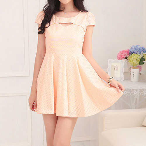 Candy Color Cutout Short Sleeve Checkered Pleated Mini Dress ...