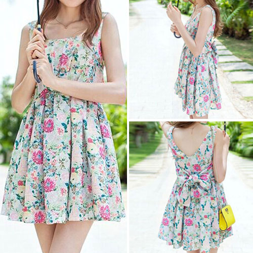 Fashion Floral Print Backless Bowknot Sleeveless Dress [grxjy561814] on ...