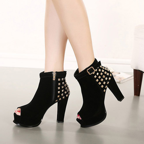 Fashion Rivets Peep Toe Thick High-heeled Ankle Boots Booties ...