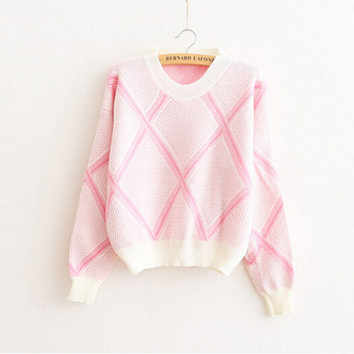 Fashion Contrast Color Rhombus Grid Round Neck Knitting Sweater ...