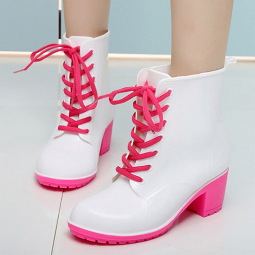 Fashion Contrast Color Round Toe Lace Up Thick Heel Rain Boots [grxjy5190698]